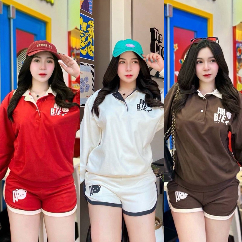 J9/ชุดเซตหมีคอปกเเขนยาว+กางเกงขาสั้น(ผ้ายูนิโคล่)