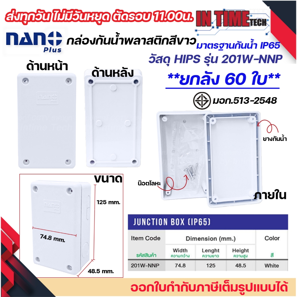 (60ชิ้น) NANO+ กล่องพักสาย บล็อคพักสาย Box กันน้ำ สีขาว 2x4 รุ่น 201W-NNP IP65 มอก.513-2548