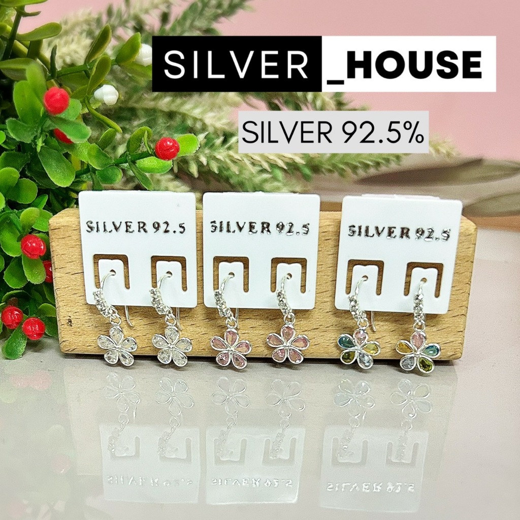 ต่างหูเงินแท้​ 92.5% แบบตะขอคล้อง​ห้อยจี้ดอกไม้ ประดับcz​ น่ารักมาก