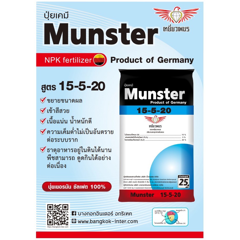 ปุ๋ยMunster(มันสเตอร์) สูตร 15-5-20+TE ปุ๋ยเคมีเยอรมัน ซัลเฟต100%