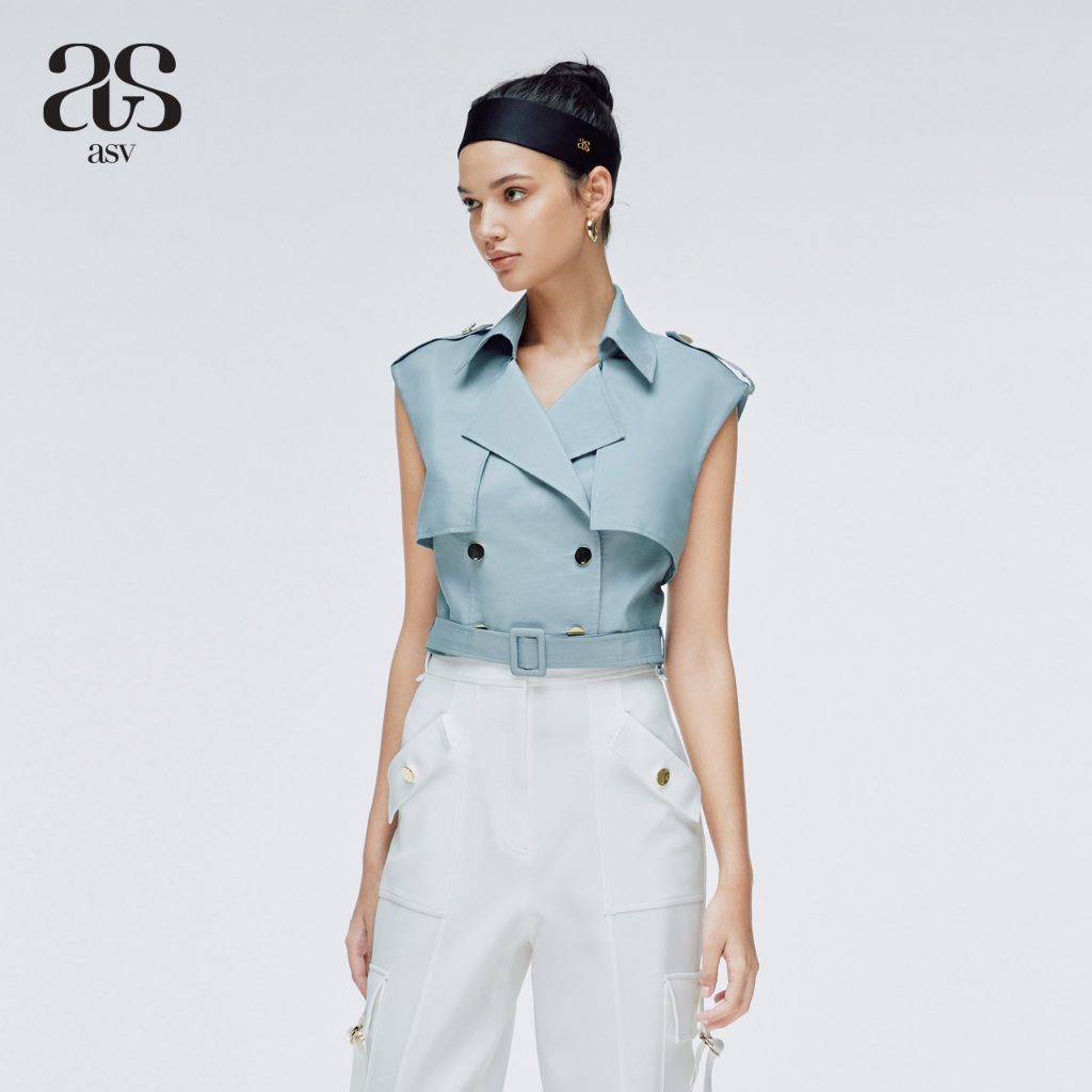 [asv ss24] Agnes Cropped Blouse เสื้อผู้หญิง ทรงครอปครึ่งตัว แขนล้ำ แต่งกระดุมคู่ด้านหน้า แต่งคาดเข็มขัด