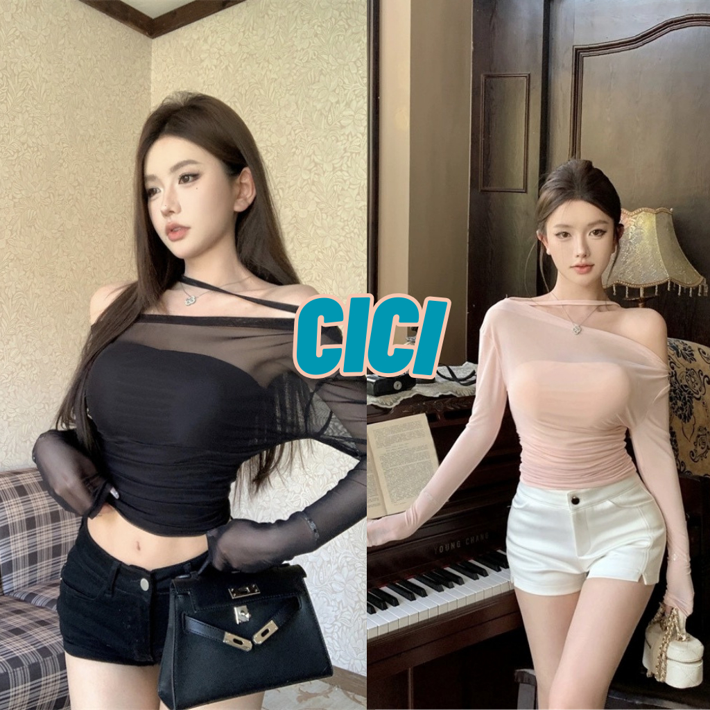 Cici(NO.AR1018)เสื้อปาดไหล่ สายเดี่ยวคล้องคอ แขนยาว ซีทรู บางสวย มีซับ เซ็กซี่เบาๆ สไตล์เกาหลี