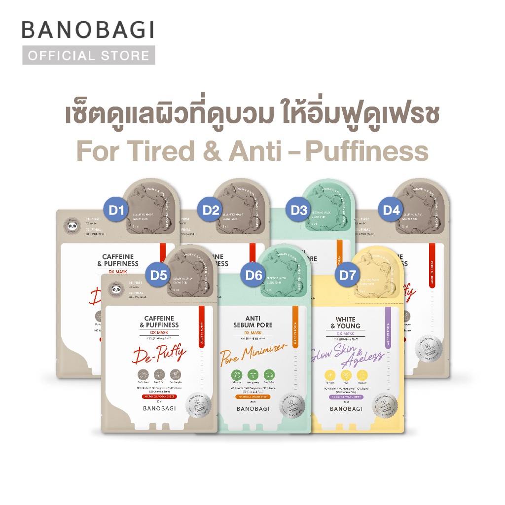 BANOBAGI DX Mask for Tired & Anti-Puffiness Set ดีเอ็กซ์ มาสก์ เซ็ต ดูแลผิวที่ดูบวม ให้อิ่มฟูดูเฟรช(7 แผ่น) บาโนบากิ