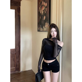 Cicishop(AR1018)เสื้อปาดไหล่ สายเดี่ยวคล้องคอ แขนยาว ซีทรู บางสวย มีซับ เซ็กซี่เบาๆ สไตล์เกาหลี