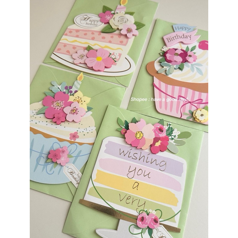 พร้อมส่ง > การ์ดวันเกิด เค้กดอกไม้ 2มิติ พิมพ์ลายฟอยล์ทอง เป็นแบบเปิดออกได้ พร้อมซอง