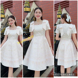 เดรสผ้าไทย สีขาว ผ้าทอลายแพรวากาฬสินธุ์ งานสวยมากๆๆๆ แต่งโบว์ไหล่ พร้อมส่งจ้า