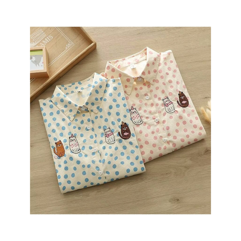 เสื้อเชิีตแขนยาวผ้าฝ้ายลายจุดปักน้องแมวงานสไตล์ญี่ปุ่น