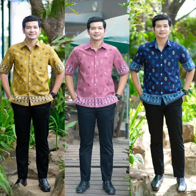 เสื้อเชิ้ต ผ้าไทย ลายดอกรัก เนื้อผ้าฝ้าย อัดกาว