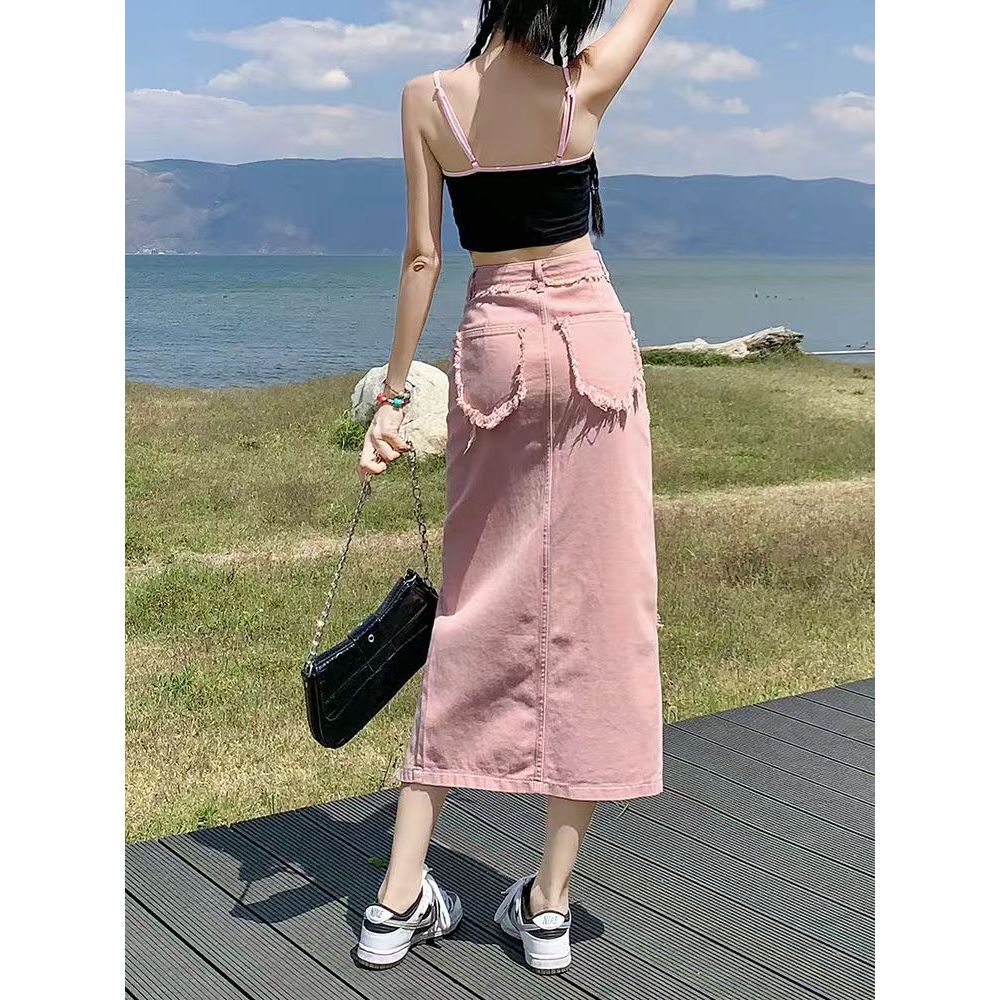 กระโปรงยีนส์สีชมพู เอวสูงเพื่อแสดงความผอม - รูปที่ 3