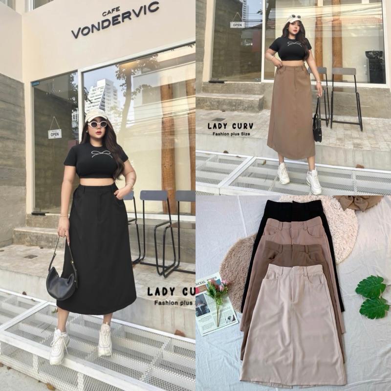กระโปรงยาวรุ่นผ่าหลัง ตะขอหน้า เนื้อผ้าเปเป้ ทิ้งตัวผ้านิ่มใส่สบาย plussize สาวอวบ