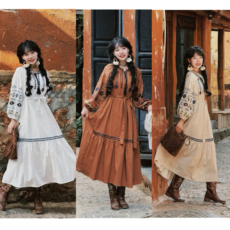 เดรสยาว เดรสปักลายสไตล์โบฮีเมี่ยน เเขนยาวผูกเอว