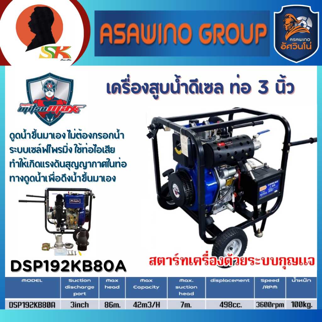 MITSUMAX เครื่องสูบน้ำดีเซล ไม่ต้องกรอกน้ำ 16 แรงม้า ขนาด 3 นิ้ว รุ่น DSP192KB80A