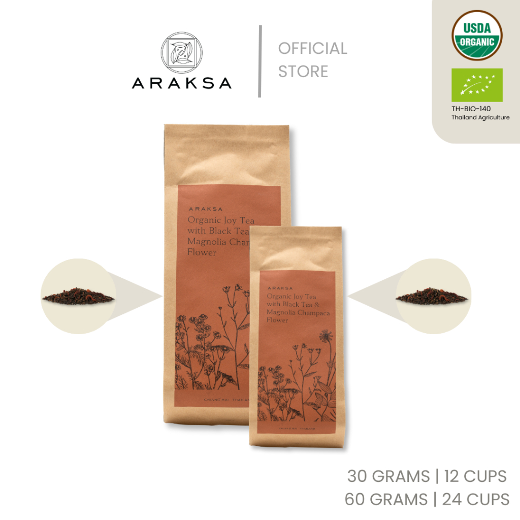 Araksa - "จอย" ชาดำดอกจำปีออร์แกนิค บรรจุถุงคราฟต์ ขนาด 30-60 กรัม | Araksa Joy Tea | USDA & EU Orga