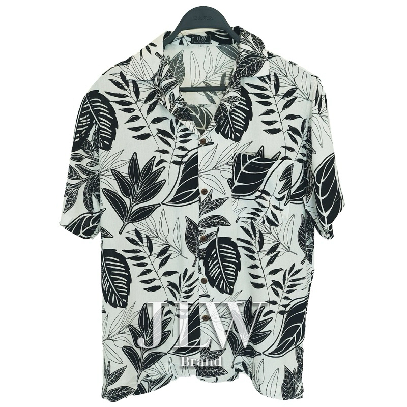 เสื้อฮาวาย ลายใบกลางสองสี ขาว ผ้านิ่มใส่สบาย JLW BRAND ผ้าเรย่อน