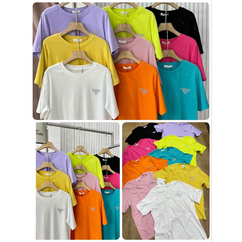 เสื้อยืดสีสดแต่งเพชรกระจายอกสามเหลี่ยม 🔻ป้าย it's me basic