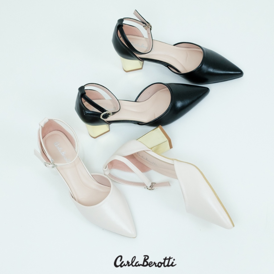 CARLA_BEROTTI รองเท้าส้นบล็อค หัวแหลม มีสายรัดข้อ โดดเด่นด้วยส้นสีทอง รหัส TYZ71
