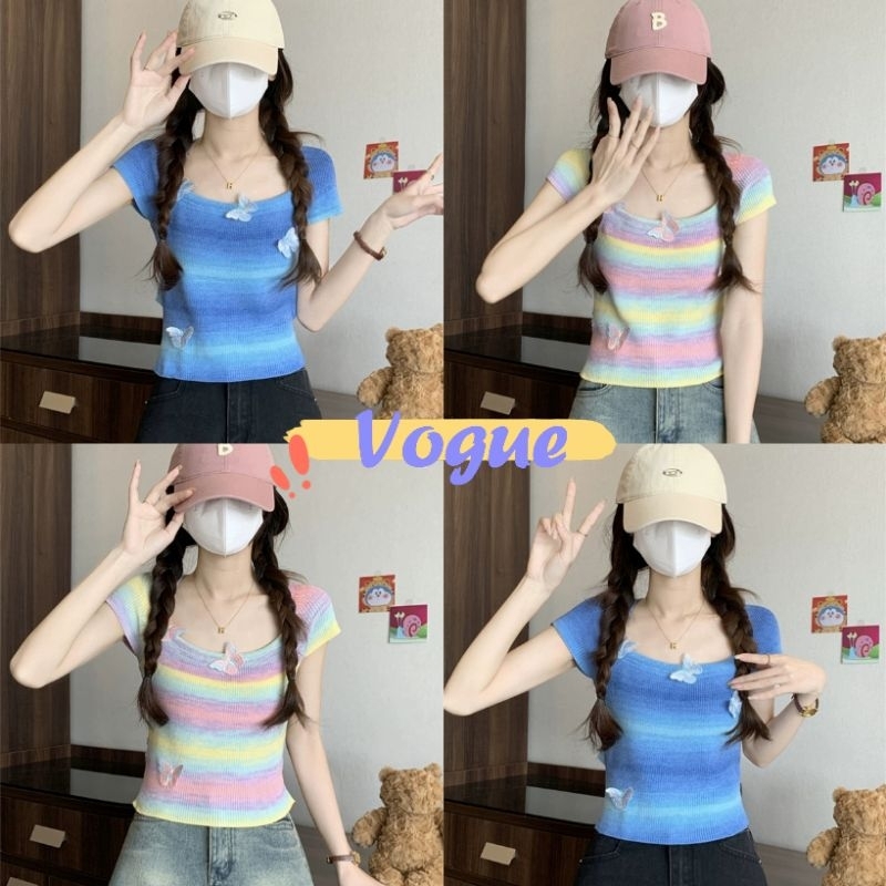 Vogue พร้อมส่ง เสื้อถักไหมพรม คอกลม แขนสั้น สีพาสเทลน่ารัก (13CX13-2)