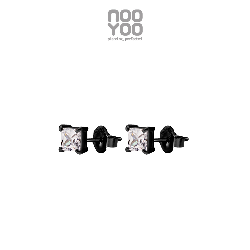 NooYoo ต่างหูสำหรับผิวแพ้ง่าย Black PVD Princess Cut 4 mm CZ Surgical Steel
