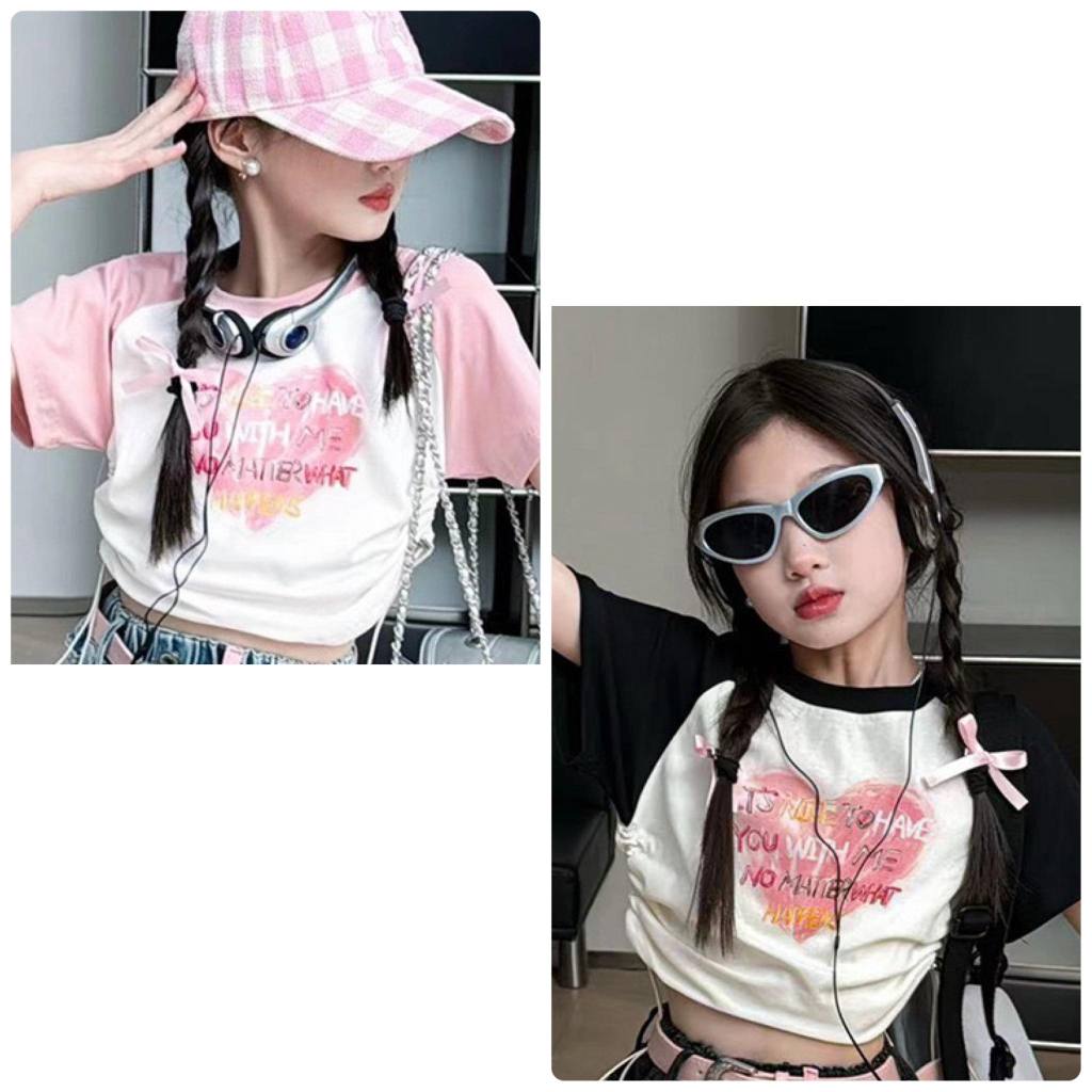 (**พร้อมส่งจากในไทย**) NO.730/731 เสื้อเด็กลายหัวใจสีขาว แขนสีชมพู/แขนสีดำ