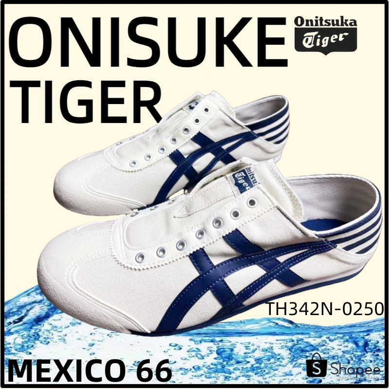 【ของแท้ 100%】Onitsuka Tiger Mexico 66 โอนิซึกะไทเกอร์ White/Navy Blue TH342N-0250 Low Top slip-on Unisex Sneakers