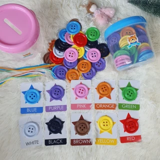 กระดุมยักษ์ 5 ซม. พลาสติก Food Grade (กระดุมเม็ดใหญ่ 50 เม็ด 10 สี บัตรคำศัพท์ เชือก 5 เส้น) DIY