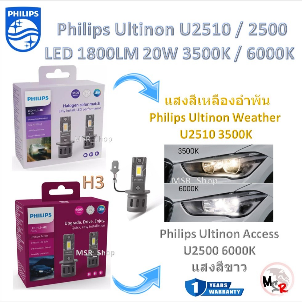 Philips หลอดไฟหน้ารถยนต์ LED Ultinon Weather Vision U2510 3500K / Access U2500 6000K 1800LM H3