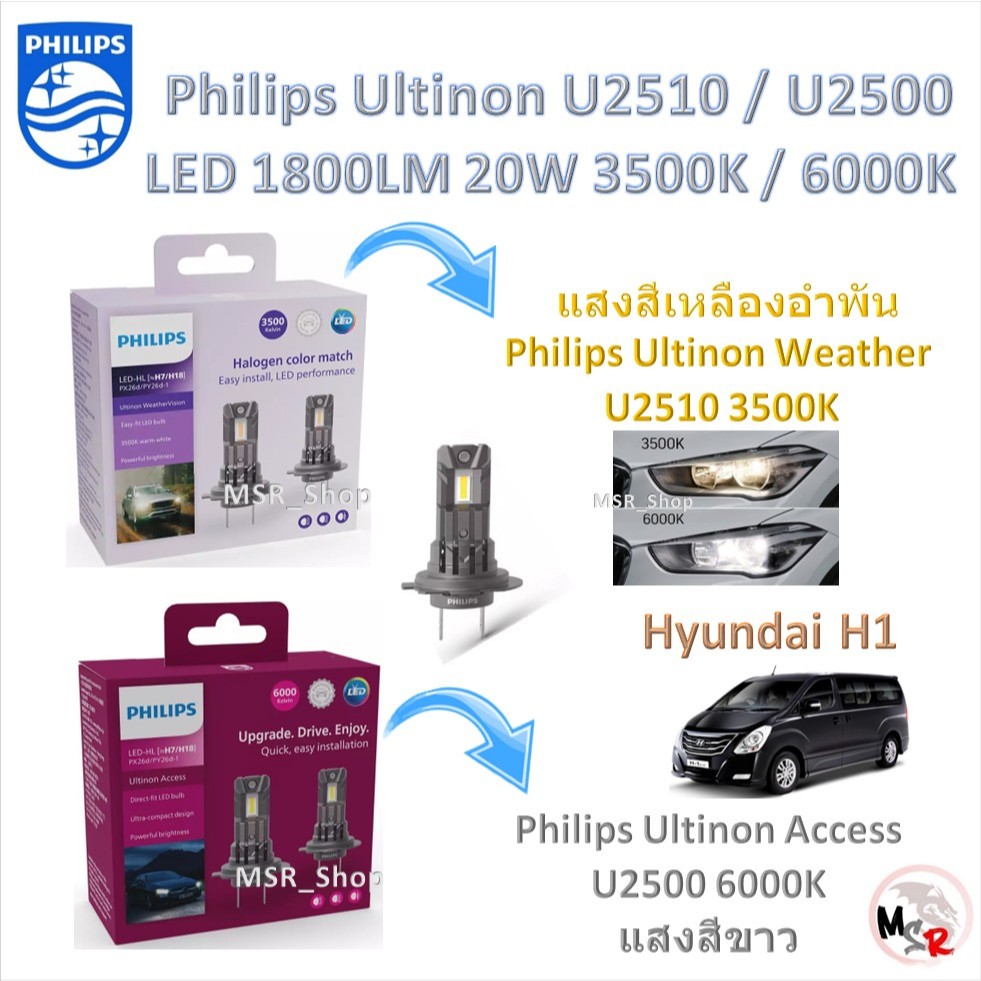 Philips หลอดไฟหน้ารถยนต์ LED Weather Vision U2510 3500K / Access U2500 6000K 1800LM Hyundai H1