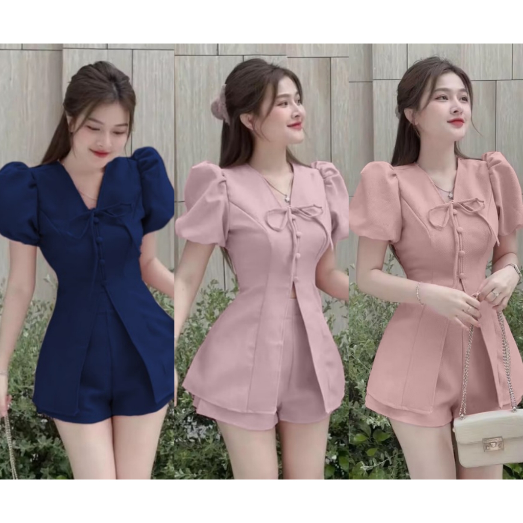 ชุดผ้าซาร่า เสื้อแขนบอลลูนกระดุมมุกเล็กหน้าผ่าหน้าผูกโบว์อกพร้อมสายผูกเอว+กางเกงสม็อคหลังซิปข้าง A3910