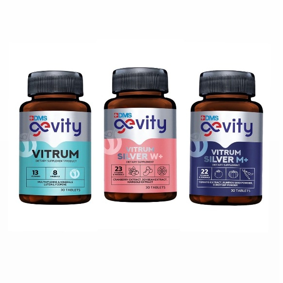 BDMS Gevity Vitrum  ( จีวิตี้ ไวทรัม) มี 3 สูตร (Vitrum / M+ / W+) บรรจุ 30 เม็ด   ผลิตภัณฑ์เสริมอาห