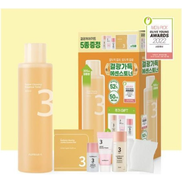 Numbuzin No.3 Toner Super Glowing Essence 300ml Set (3 Toner 15ml, 3 Cream 5ml 3 Serum 5ml, 3 Pad 1*2ea, 15ea)