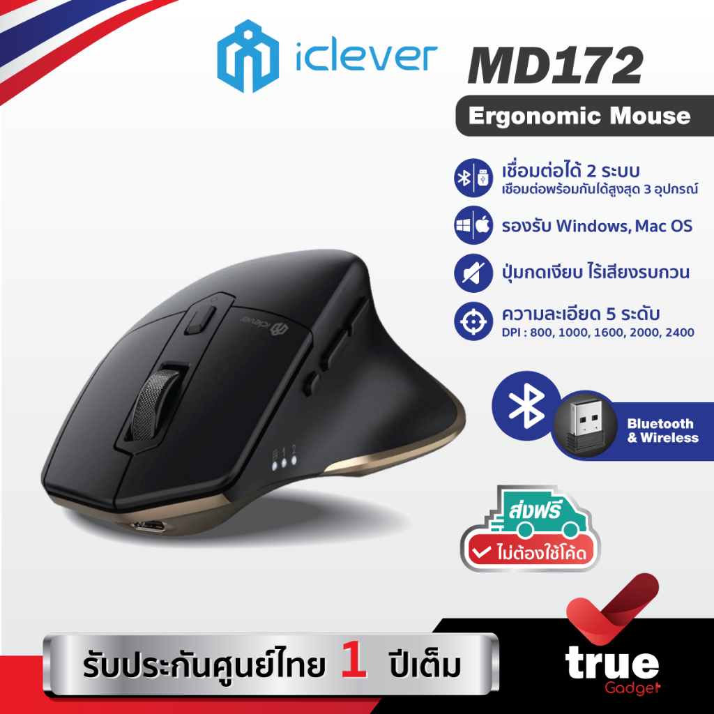🇹🇭ประกันศูนย์ไทย 1 ปี เมาส์ไร้สาย กึ่งแนวตั้ง iClever MD172 Ergonomic Mouse BT+2.4G Black