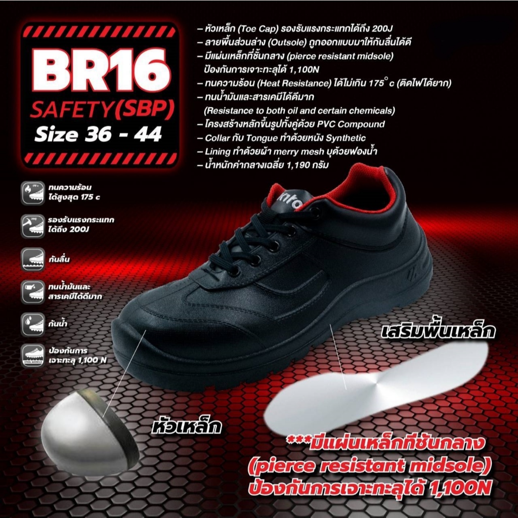 รองเท้าเซฟตี้หัวเหล็ก Safety Shoes ยี่ห้อ KITO รุ่น BR16 หนัง PVC ฉีดขึ้นรูป  สีดำ แบบผูกเชือก เสริม
