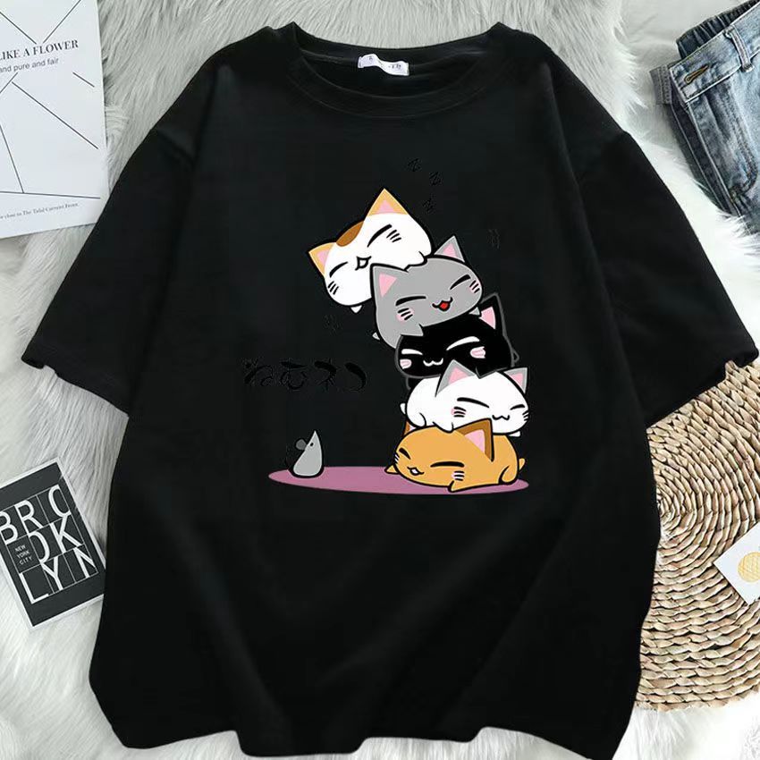 เสื้อยืด แมว 100%ผ้าฝ้ายแท้ เสื้อยืดแขนสั้นแขนสั้น S-XXXL [แมวซ้อน] เสื้อสกรีน