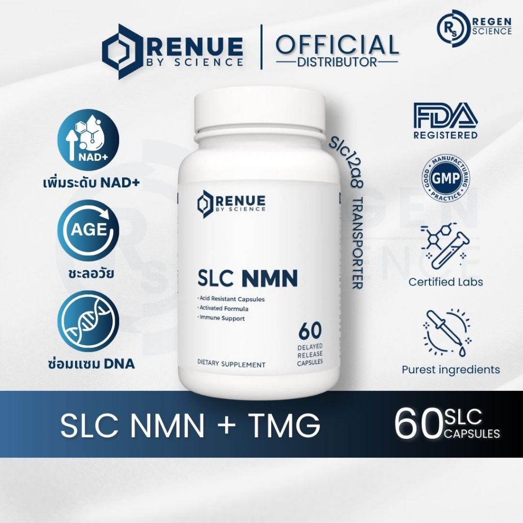 SLC NMN (NMN + TMG) 60 แคปซูล RENUE BY SCIENCE ตัวแทนจำหน่ายจาก USA เพิ่ม NAD+, ชะลอวัย
