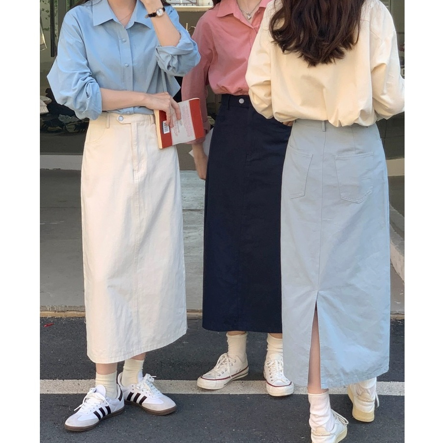 Swan shop 🎗พร้อมส่ง🎗 กระโปรงยีนส์ยาวปานกลางผ่าหลัง  สำหรับฤดูร้อน แนวหวาน สไตล์เกาหลี รุ่นใหม่