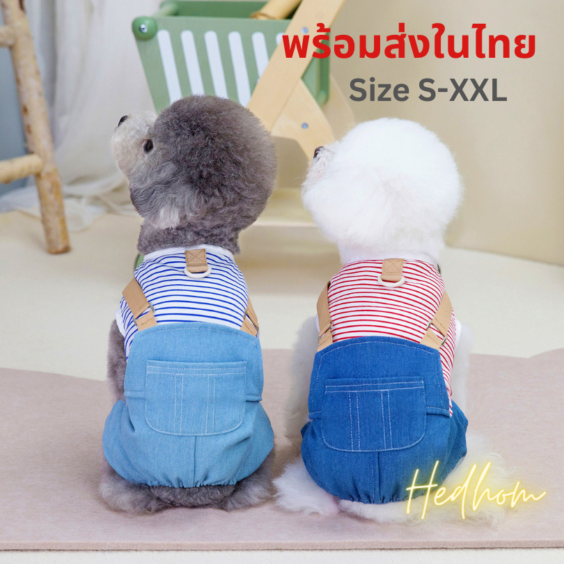 พร้อมส่ง‼️ ชุดเอี๊ยมยีนส์สวมสี่ขาสำหรับสุนัข มีที่เกี่ยวสายจูง