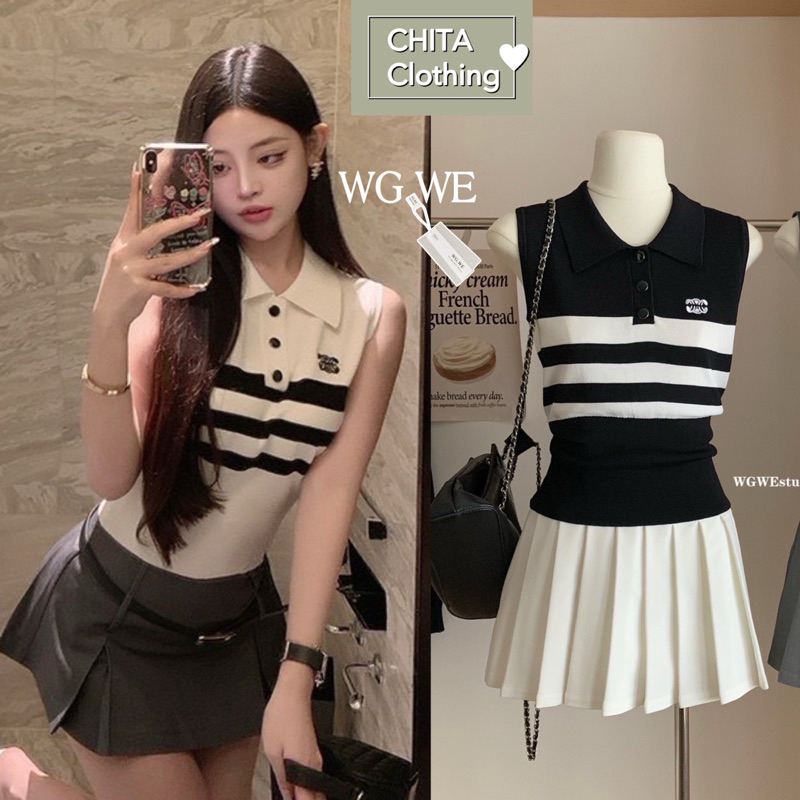 เสื้อคอปกแขนกุด งานผ้าไหมพรม ลายริ้ว งานปักที่อก TAG WG.WE