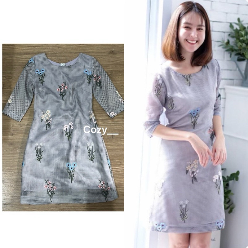 Nous us : S เดรสสั้นสีเทา ชุดทำงาน สุภาพ ปักดอกไม้