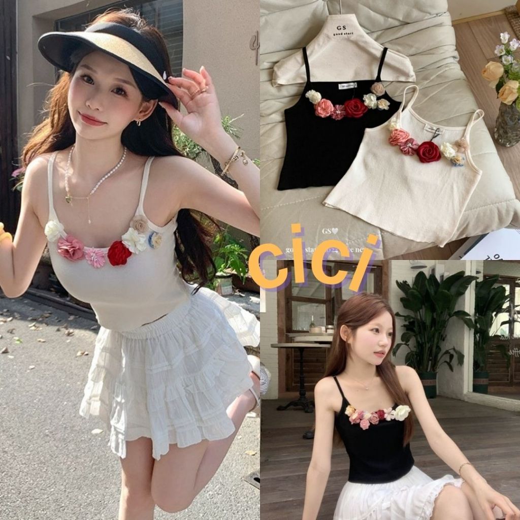 ส่งทันที Cici (NO. 01771)เสื้อสายเดี่ยวครอปไหมพรม ลายดอกไม้3มิติป๊อปอัพ สไตล์2YKตัวมัมสุดๆ