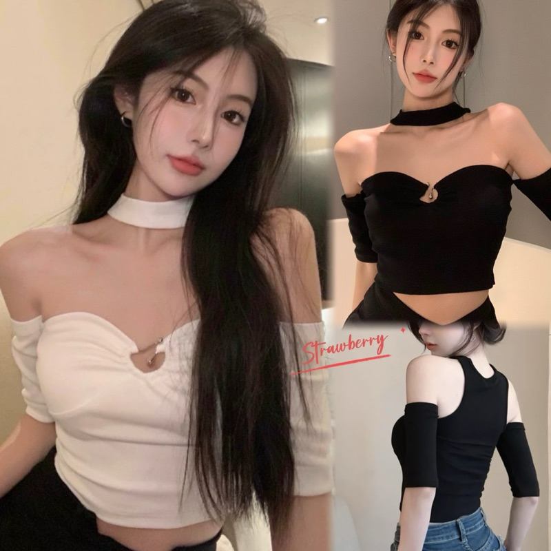 STR พร้อมส่ง เสื้อคอปคล้องคอ เปิดไหล่ไหมพรมแฟชั่นผู้หญิง ทรงเข้ารูป แขนสั้น เซ็กซี่ เรียบหรู ใส่ไปปาร์ตี้ ไปทะเลไปคาเฟ่