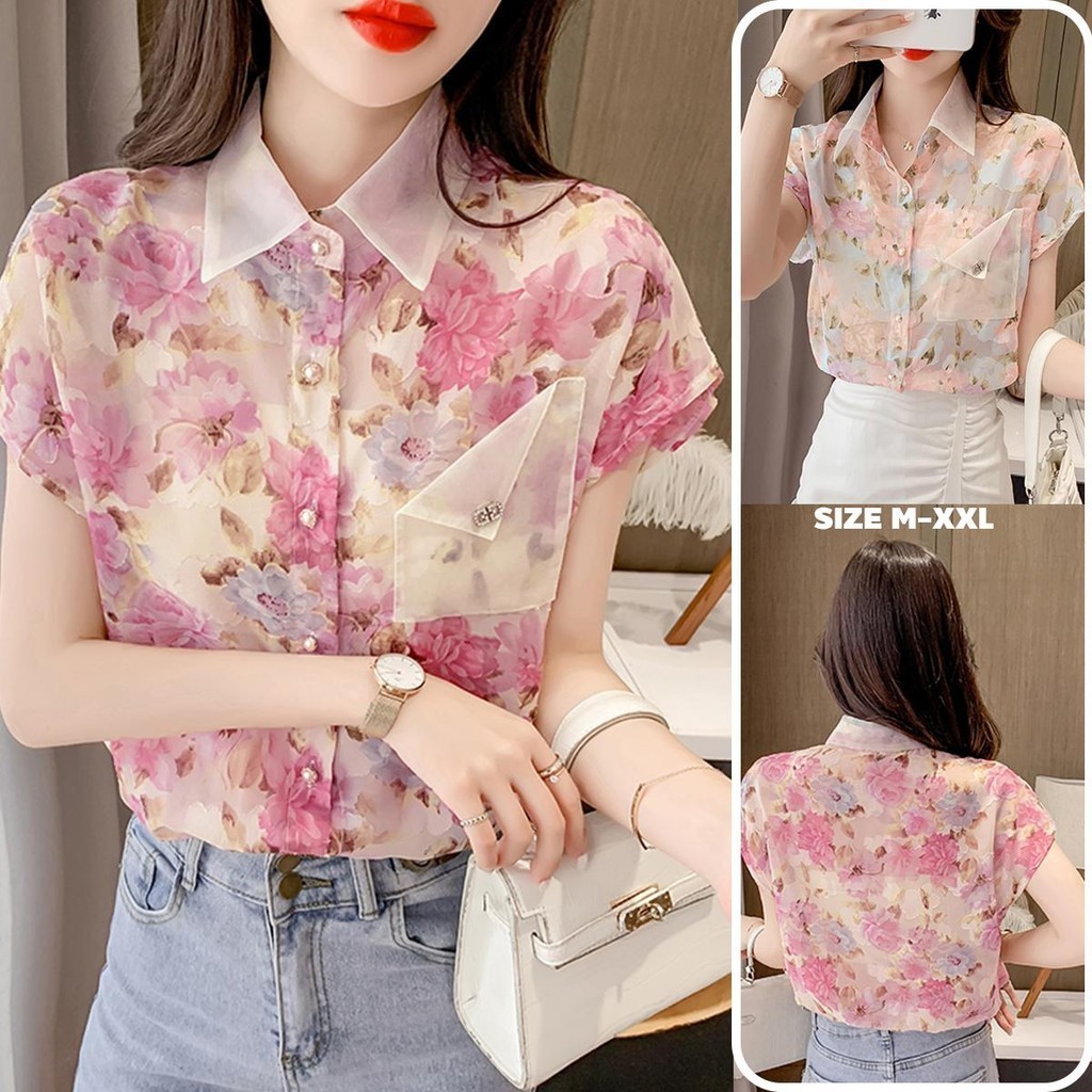 🌸MIMI&DIDI🌸 W328 เสื้อลายดอกแขนสั้น เสื้อเชิ้ตฮาวายคอบัวแฟชั่นผู้หญิง คอปกเเขนสั้นสีชมพูลายดอกไม้ ผ้