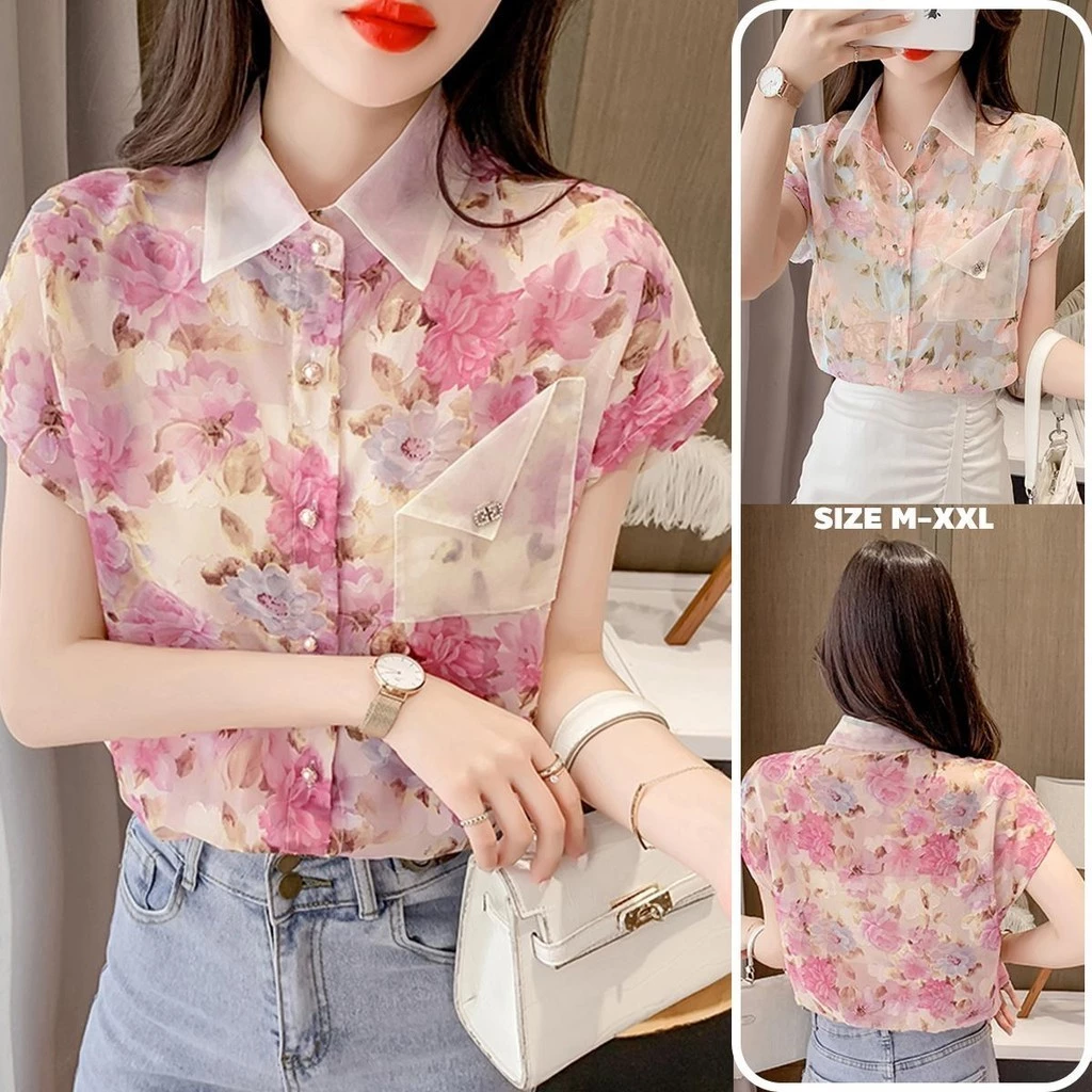 MIMI&DIDI W328 เสื้อเชิ้ตฮาวายลายดอกแขนสั้น ผ้าชีฟอง