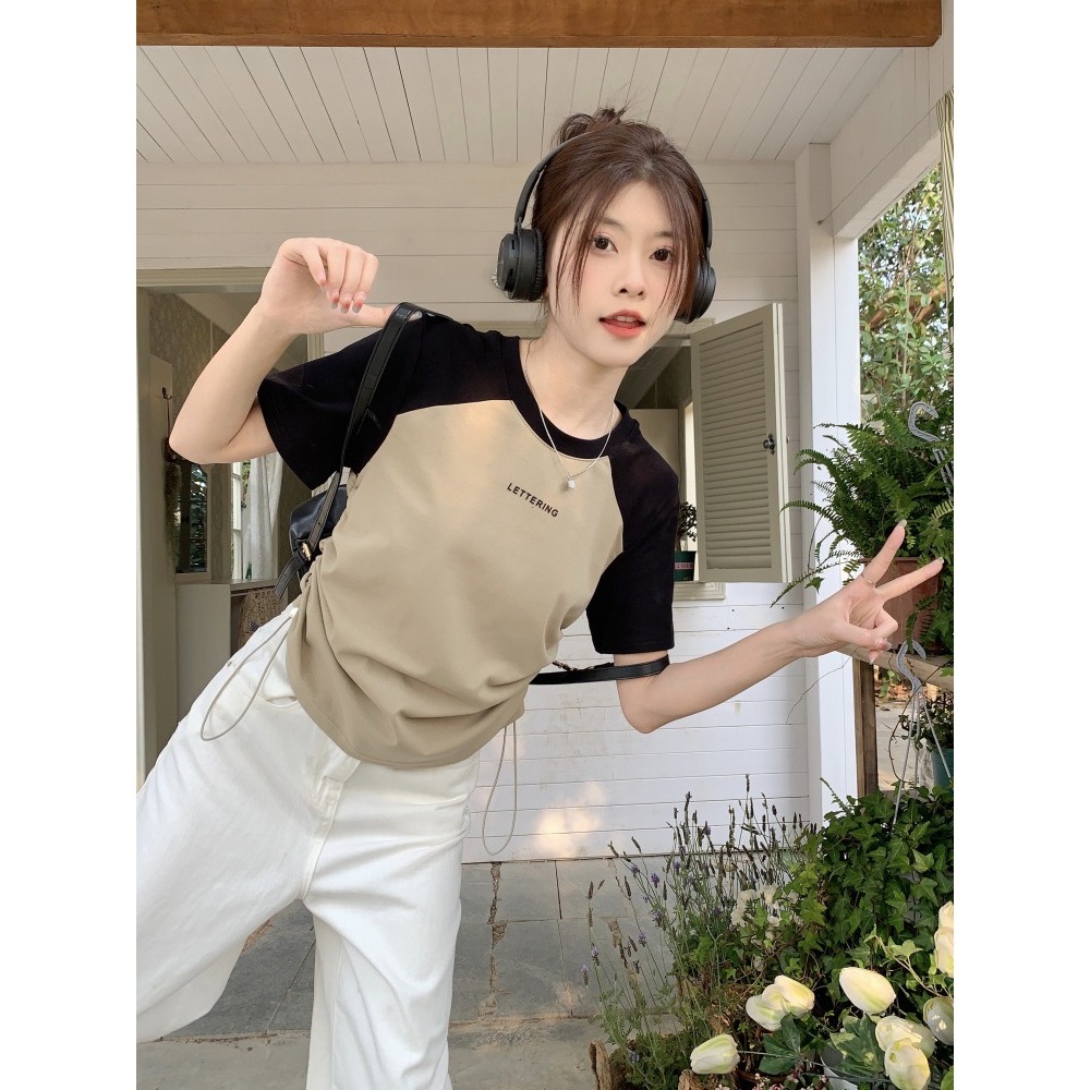 เสื้อยืดเเขนสั้น เสื้อยืดผู้หญิง สลับสี รูปเชือกด้านข้าง สาวอวบใส่ได้ #602160