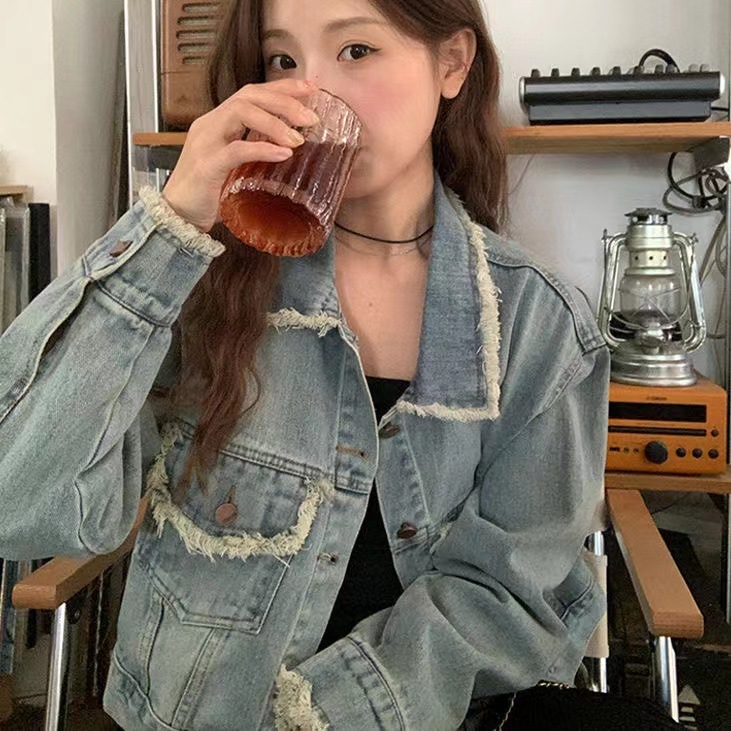 พร้อมส่ง denim jacket เสื้อแจ็คเก็ตยีนผู้หญิง แขนยาว น่ารักมากๆสไตล์เกาหลี แต่งคอปก