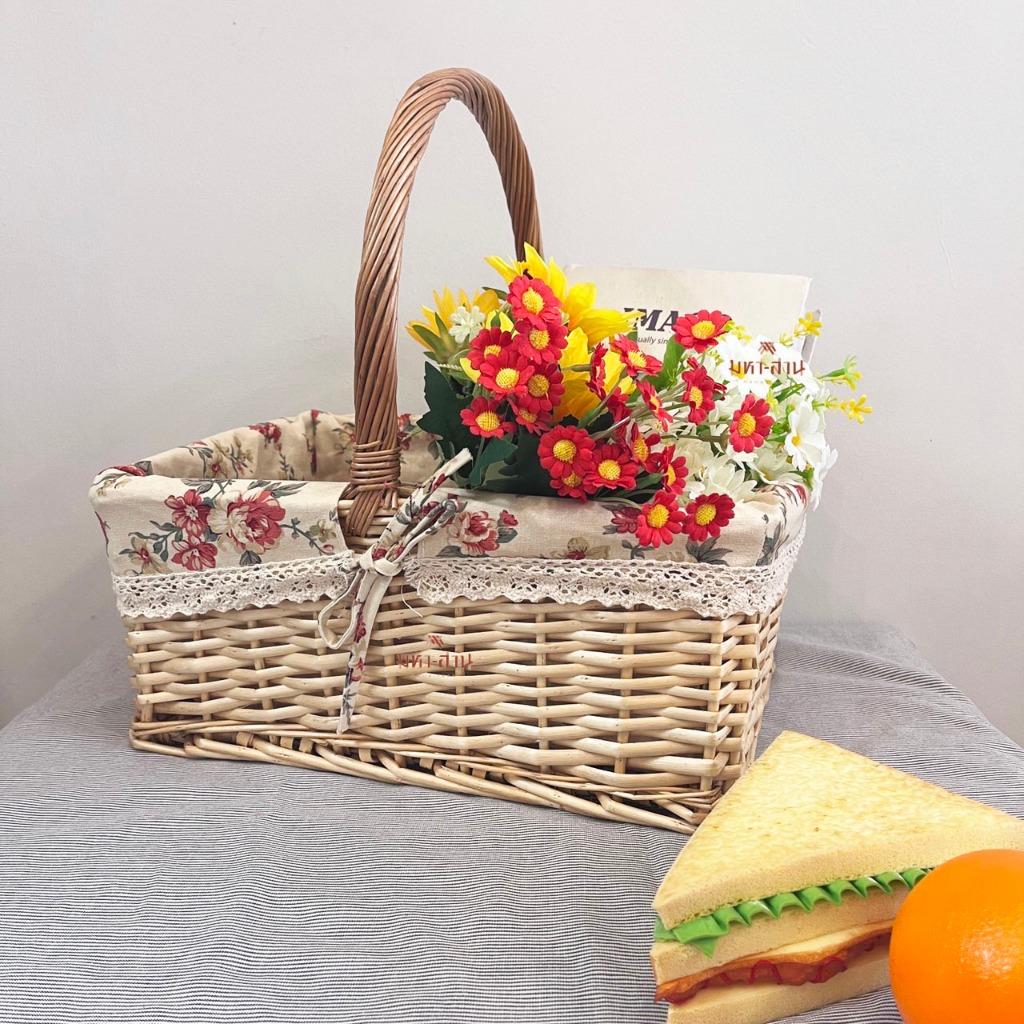 ตะกร้าสานหวาย ตะกร้าปิกนิค ตะกร้าหูหิ้ว ทรงสี่เหลี่ยม คล้องแขน+ถือ - รูปที่ 2