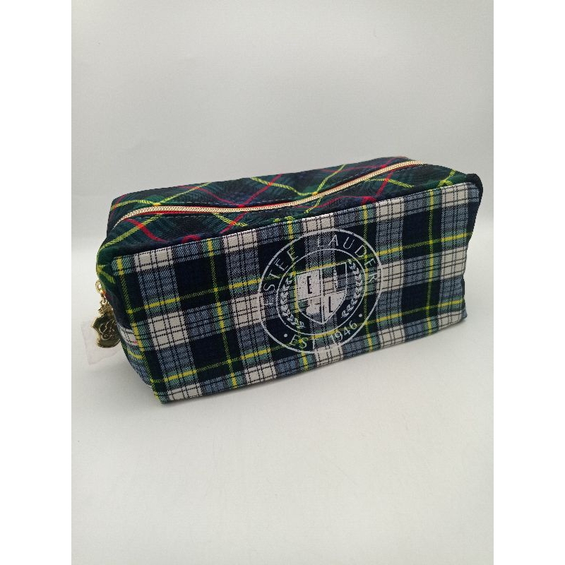 กระเป๋าเครื่องสำอางเอสเต้ ผ้าคอตตอนพิมพ์ลายสก๊อตสีเขียว