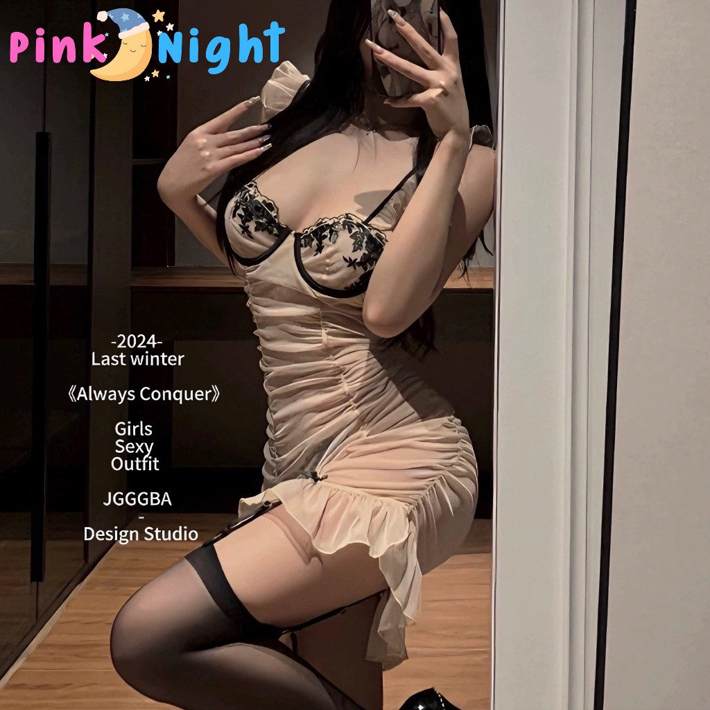 PINK NIGHT ชุดเดรสสวยๆ ชุดเดรส ชุดซีทรู ลูกไม้ชุดเดรสตัวหนอนแต้งหน้าอกลูกไม้ใส่สบายไม่คัน P-1207