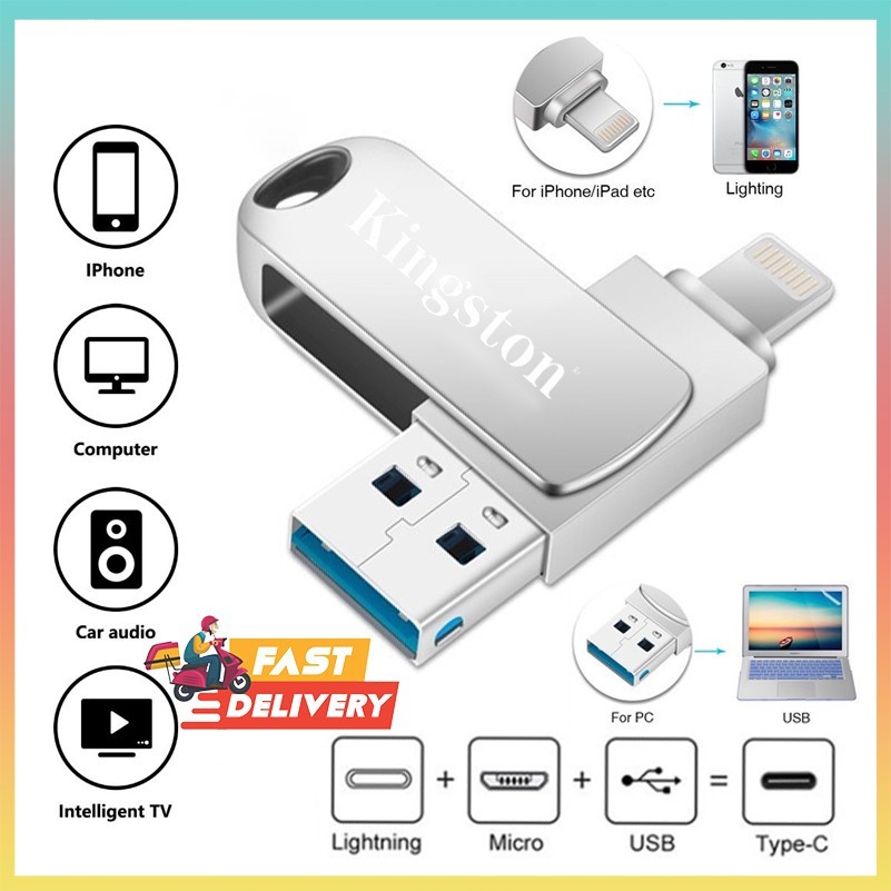 Kingston flashdisk แฟลชไดรฟ์ Usb3.0 2TB 1TB 3 in 1 Otg Pendrive สําหรับ iPhone อุปกรณ์จัดเก็บข้อมูลภายนอก flashdrive
