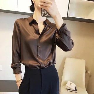MM001 เสื้อเชิ้ตใส่ทำงาน เสื้้อเชิ๊ตสีดำ แขนยาวผ้าซาติน สไตล์เกาหลี ใส่ทำงาน สำหรับผู้หญิง