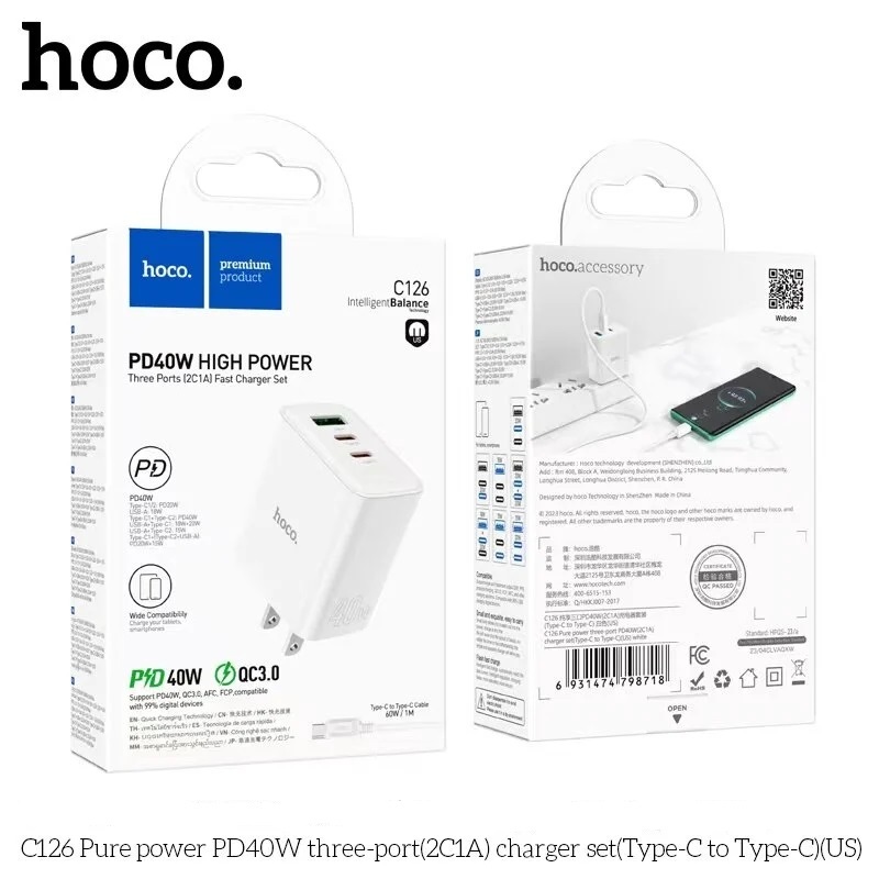 รุ่นใหม่ล่าสุด！！HOCO C126 อะแดปเตอร์ชาร์จโทรศัพท์มือถือ Fast charge PD40W QC3.0 USB และ Type C ปลั๊ก US แบบพกพา